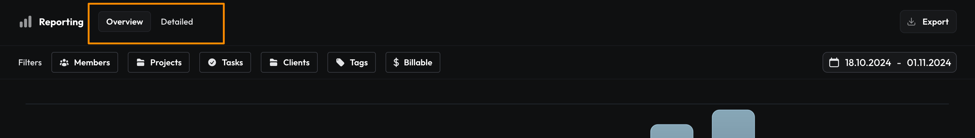 Screenshot of solidtime App, showing the choice between Overview and Detailed reports