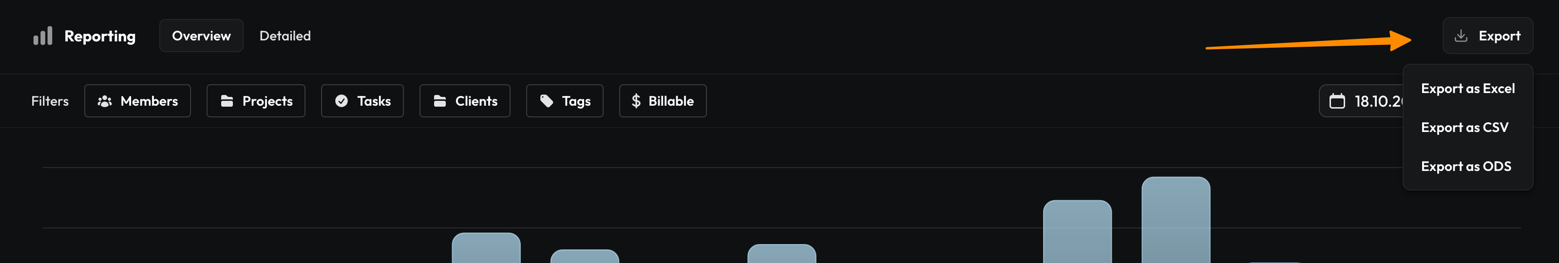 Screenshot of the solidtime web app, showing where the Export button is